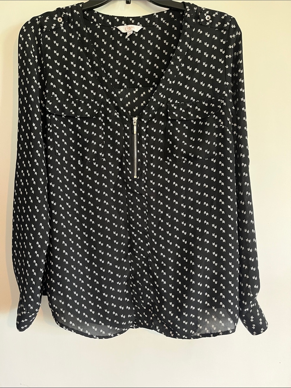 Black Printed Zip-Front Blouse